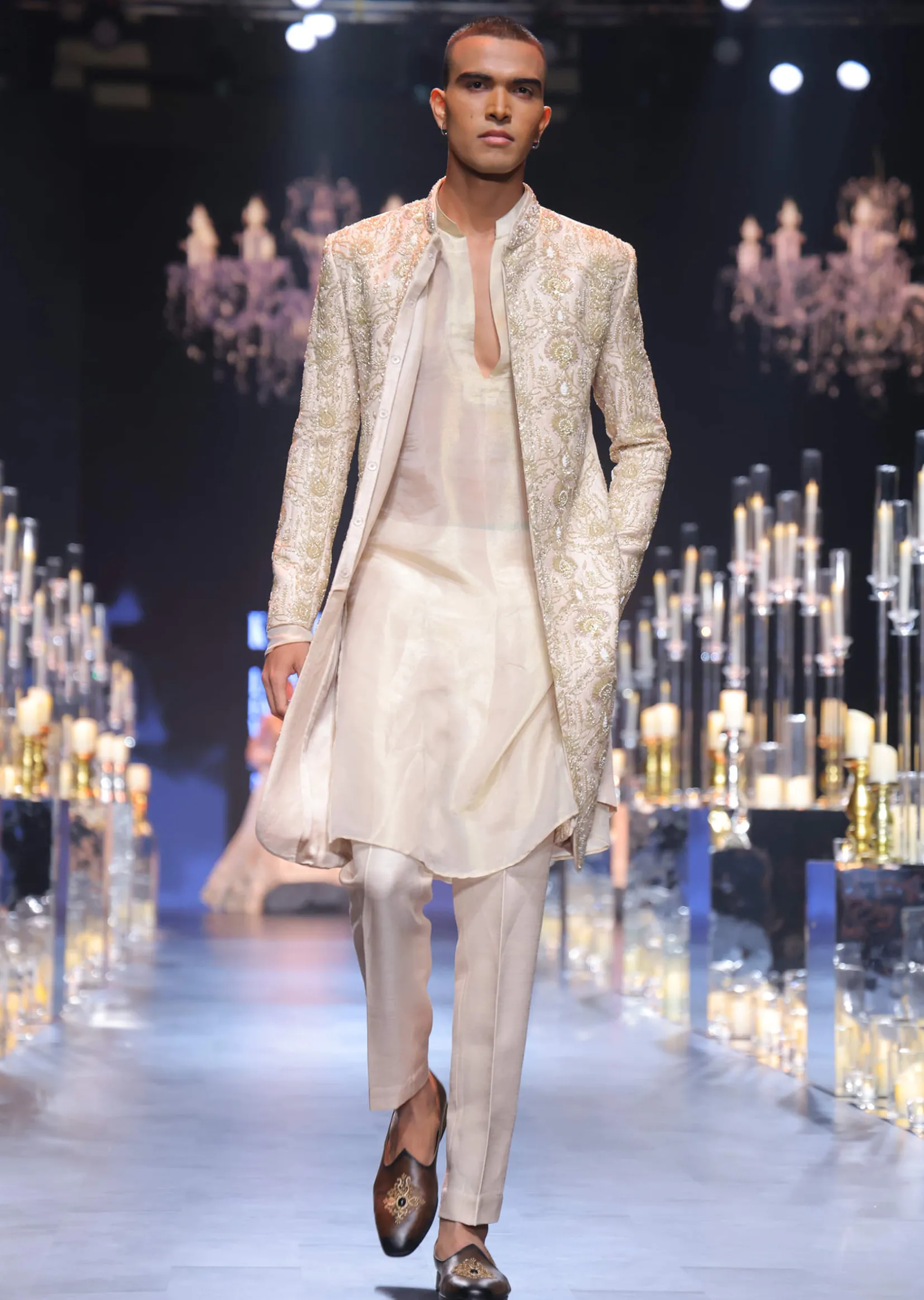 Beige Gold Hand Embroidered Sherwani Set