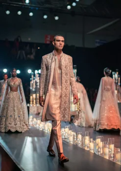 Beige Gold Hand Embroidered Sherwani Set