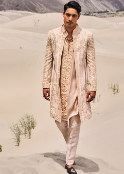 Beige Gold Hand Embroidered Long Sherwani Suit In Zardosi Work