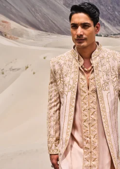 Beige Gold Hand Embroidered Long Sherwani Suit In Zardosi Work