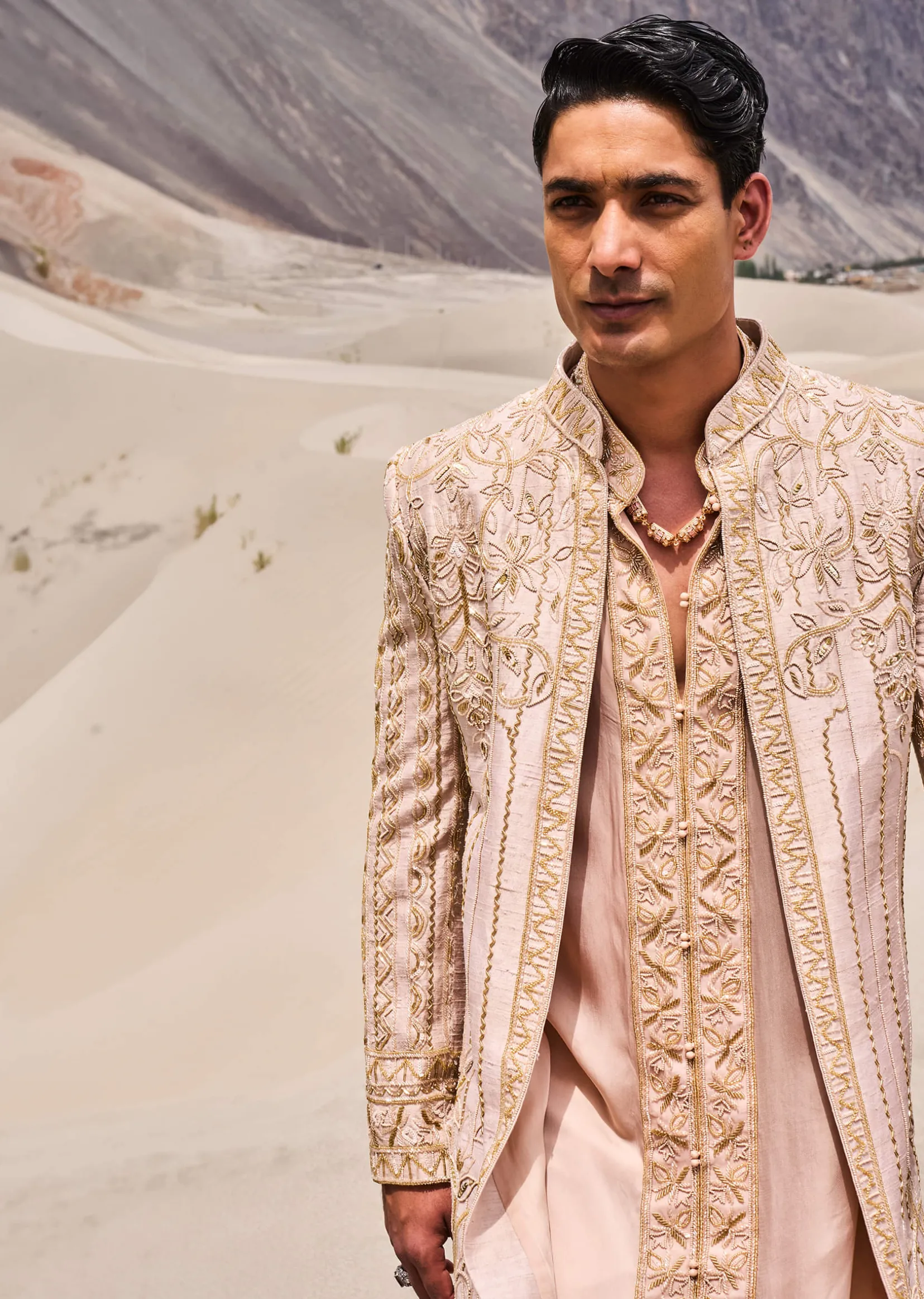 Beige Gold Hand Embroidered Long Sherwani Suit In Zardosi Work