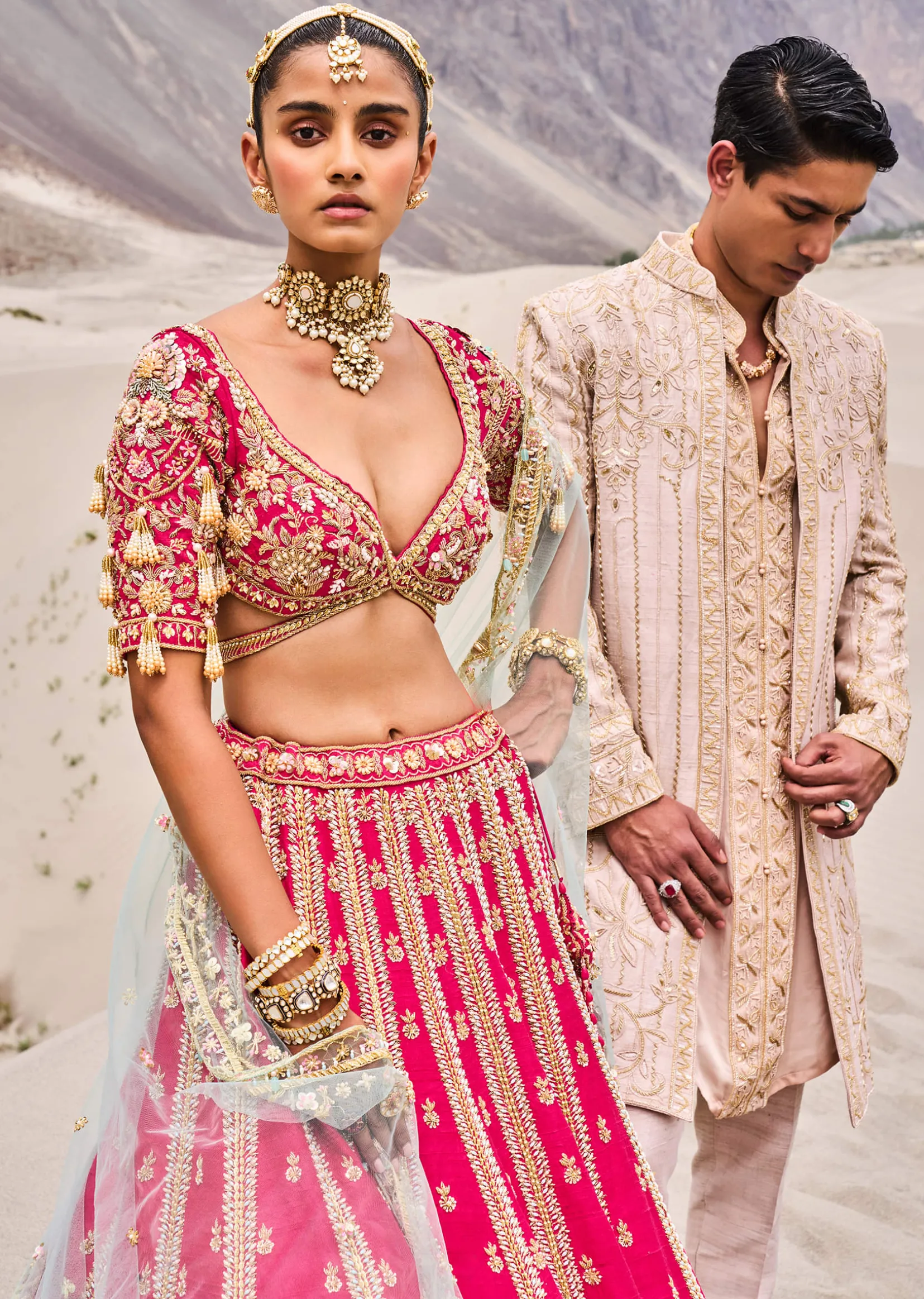 Beige Gold Hand Embroidered Long Sherwani Suit In Zardosi Work
