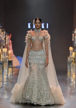 Beige Gold Ruffle Jacket And Lehenga Set In Art Silk