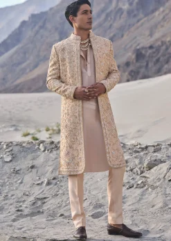 Beige Gold Zardosi Sherwani Set With Stole Dupatta