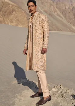 Beige Gold Zardosi Sherwani Set With Stole Dupatta