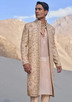 Beige Gold Zardosi Sherwani Set With Stole Dupatta