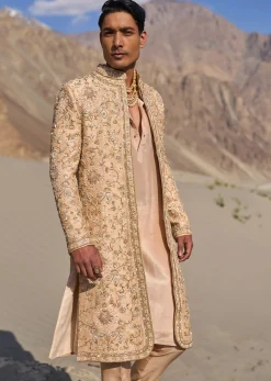 Beige Gold Zardosi Sherwani Set With Stole Dupatta