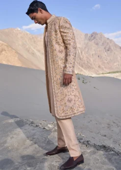 Beige Gold Zardosi Sherwani Set With Stole Dupatta