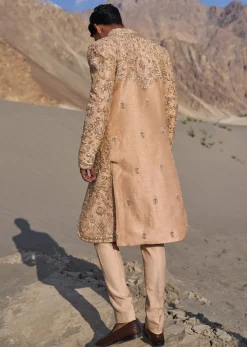 Beige Gold Zardosi Sherwani Set With Stole Dupatta