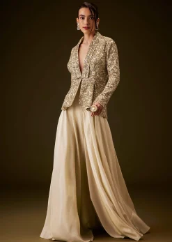 Beige Gold Zardozi Embroidered Peplum Jacket With Palazzo