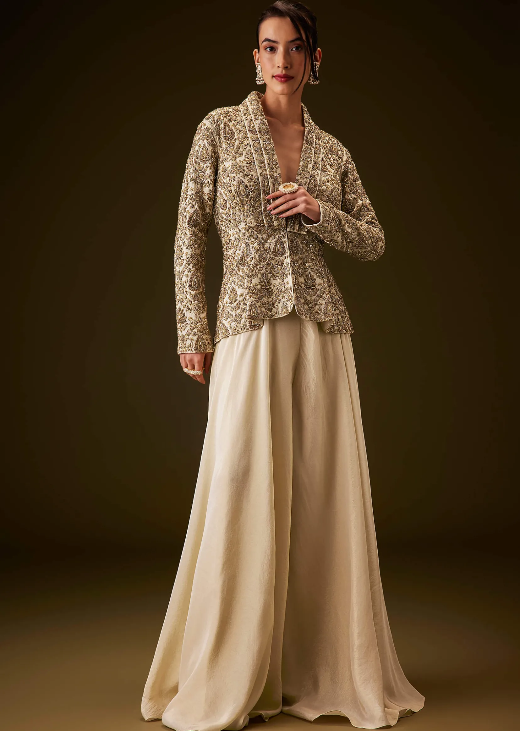 Beige Gold Zardozi Embroidered Peplum Jacket With Palazzo