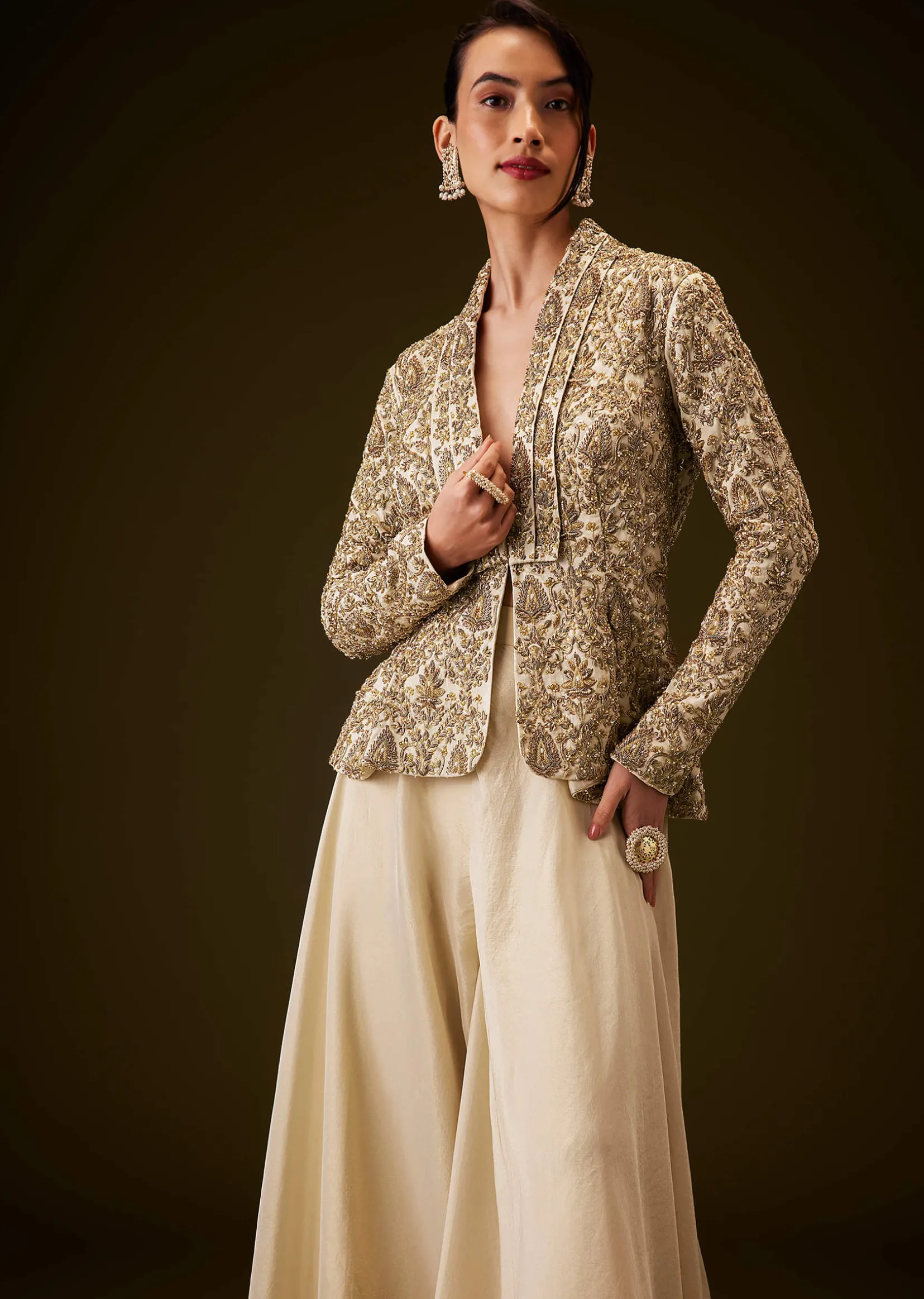 Beige Gold Zardozi Embroidered Peplum Jacket With Palazzo