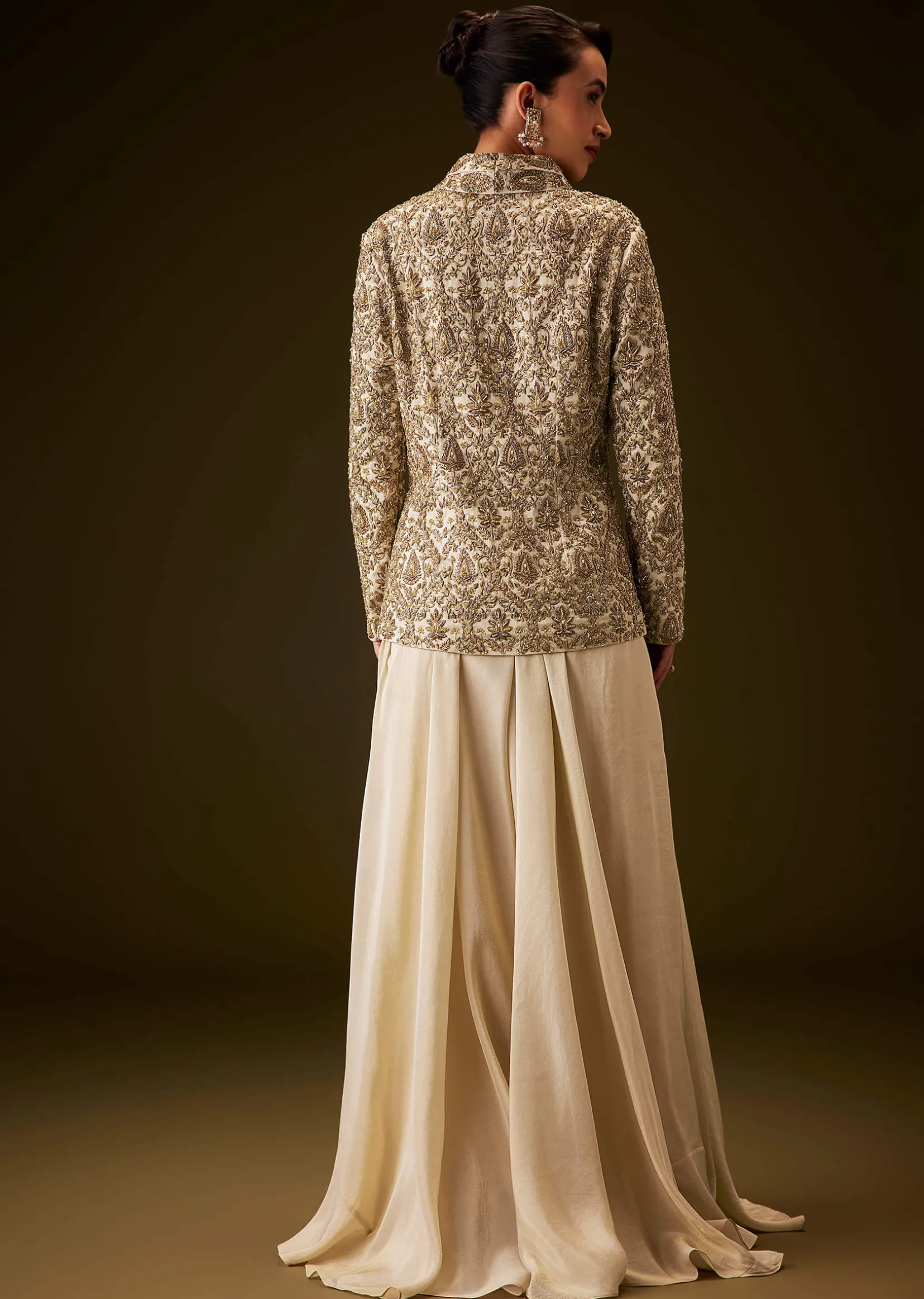 Beige Gold Zardozi Embroidered Peplum Jacket With Palazzo