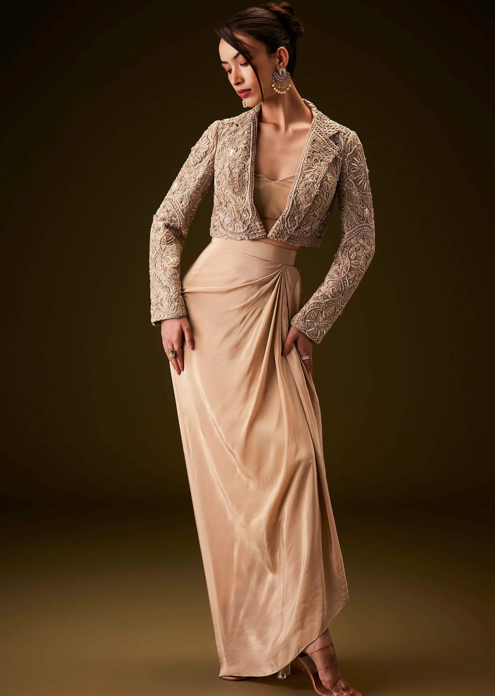 Beige Gold Zardozi Embroidered Jacket With Draped Skirt And Bustier