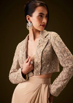 Beige Gold Zardozi Embroidered Jacket With Draped Skirt And Bustier