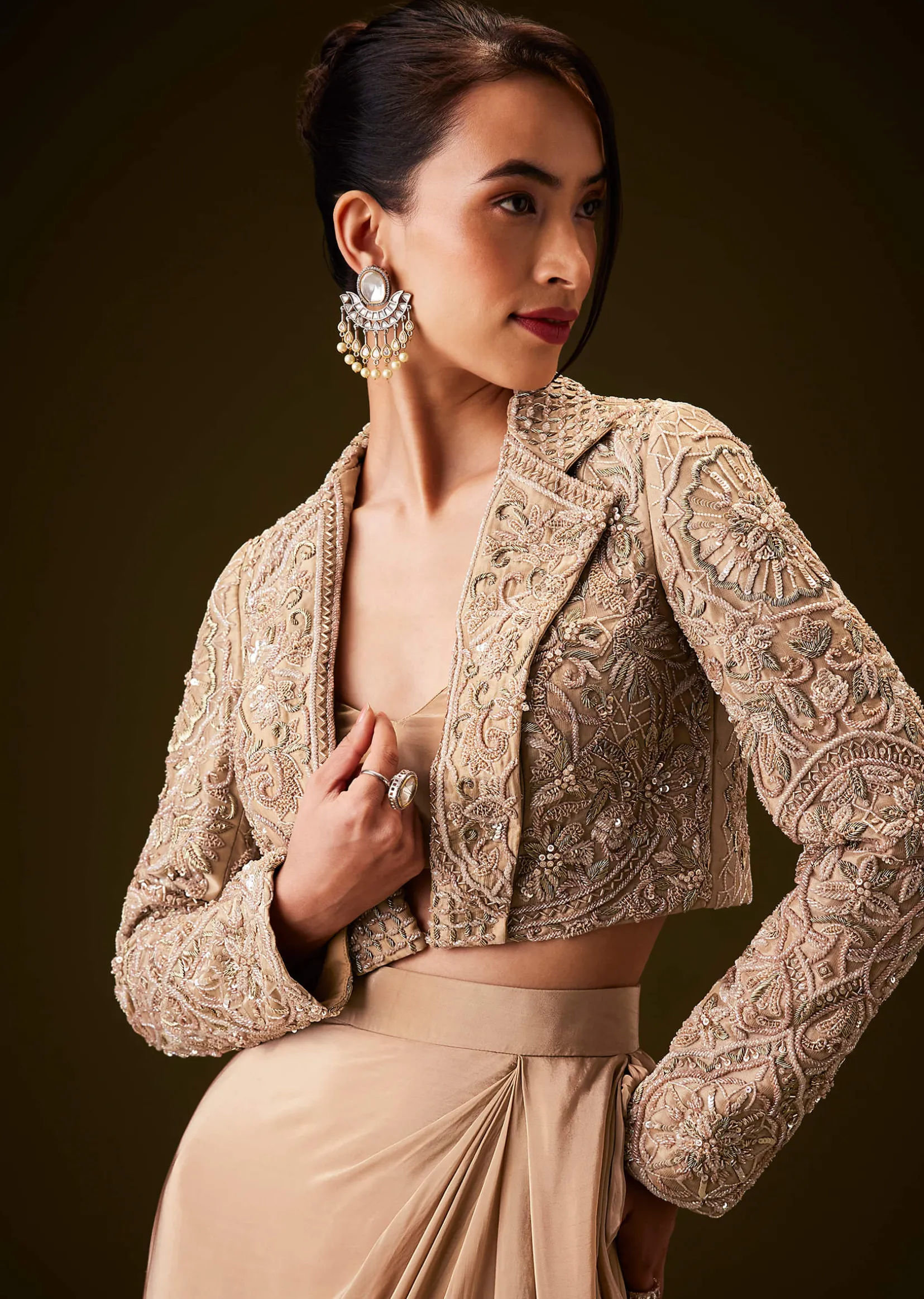 Beige Gold Zardozi Embroidered Jacket With Draped Skirt And Bustier