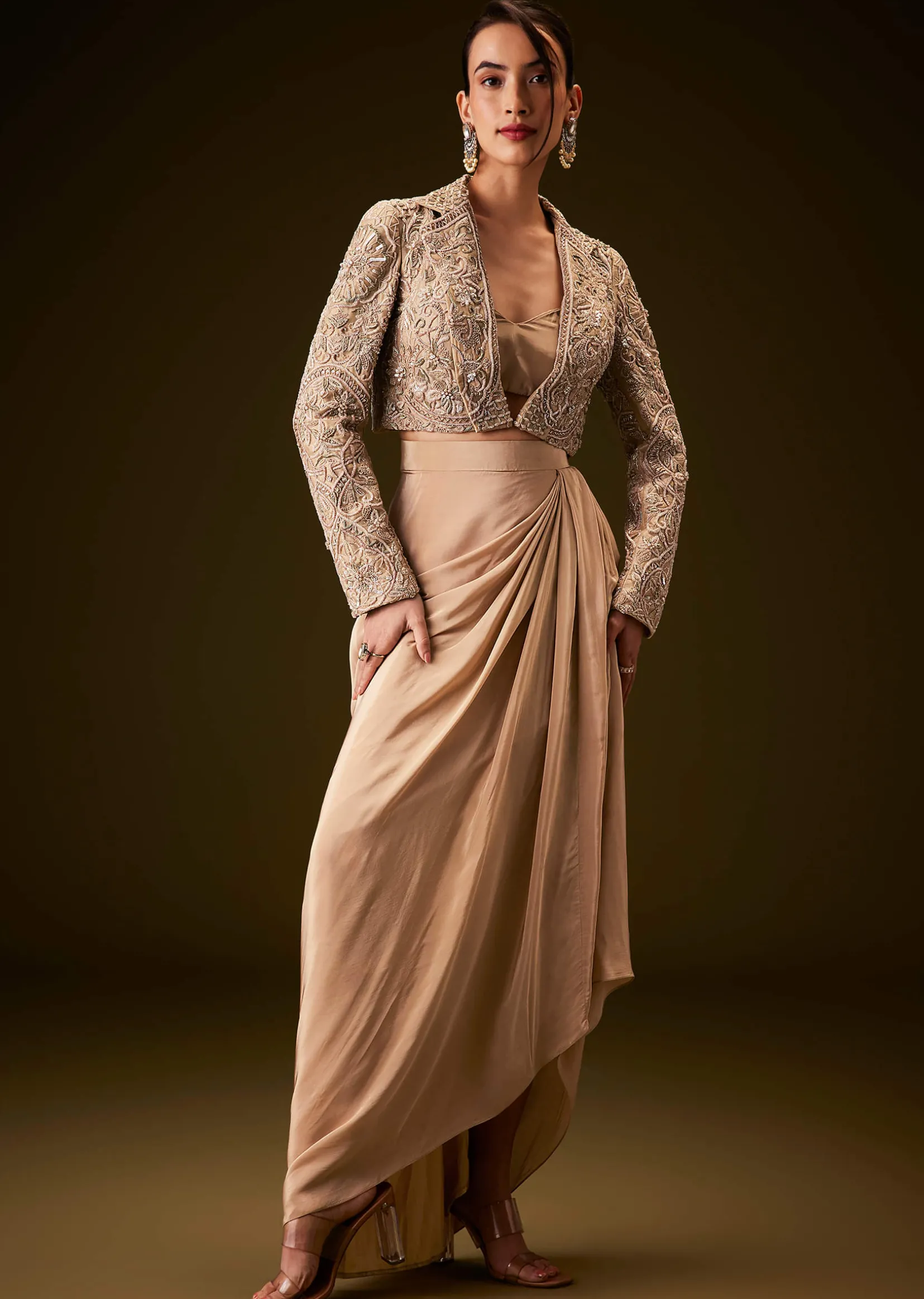 Beige Gold Zardozi Embroidered Jacket With Draped Skirt And Bustier