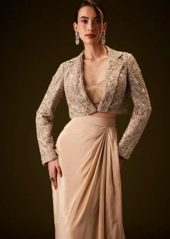 Beige Gold Zardozi Embroidered Jacket With Draped Skirt And Bustier