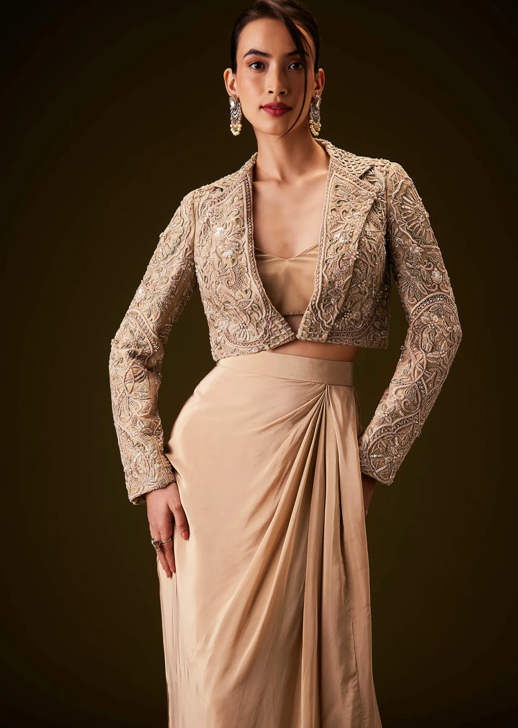 Beige Gold Zardozi Embroidered Jacket With Draped Skirt And Bustier
