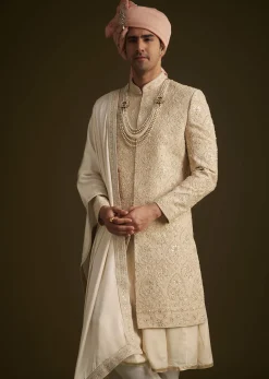 Beige Gotta Work Embroidered Sherwani And Matching Dupatta