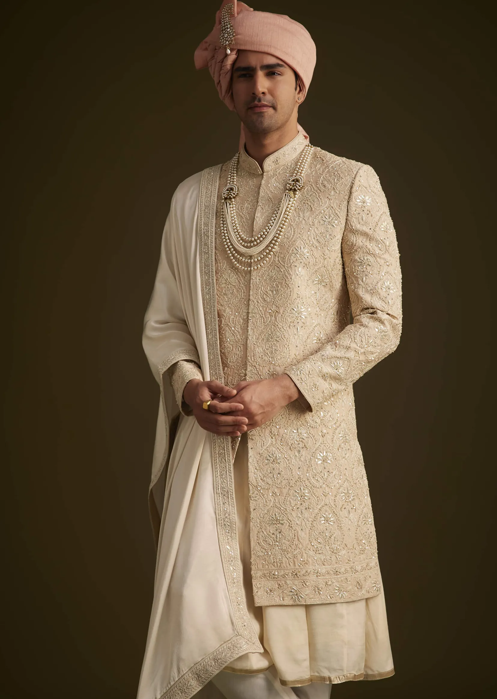 Beige Gotta Work Embroidered Sherwani And Matching Dupatta