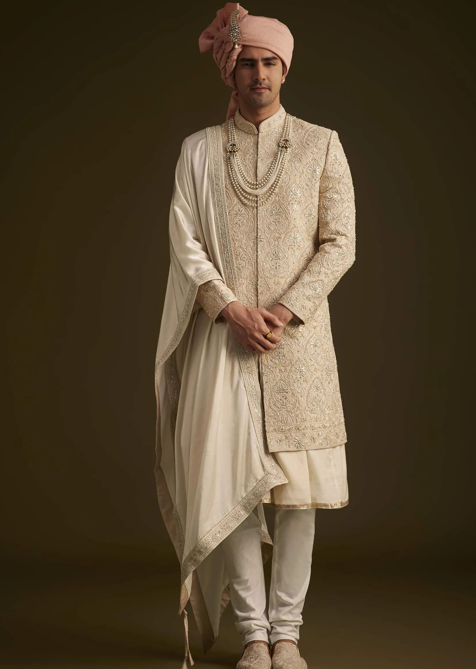 Beige Gotta Work Embroidered Sherwani And Matching Dupatta