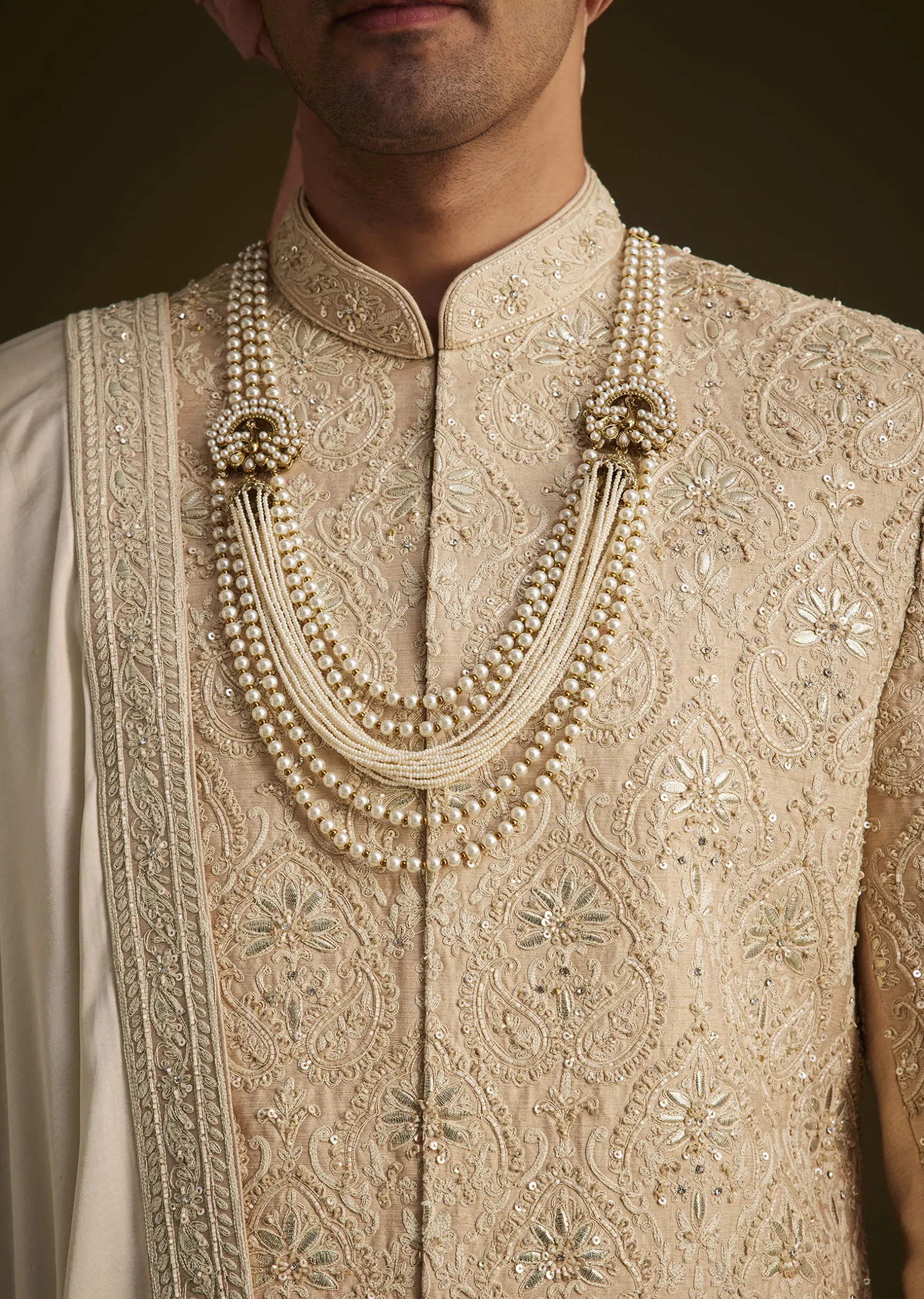 Beige Gotta Work Embroidered Sherwani And Matching Dupatta