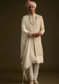 Beige Gotta Work Embroidered Sherwani And Matching Dupatta