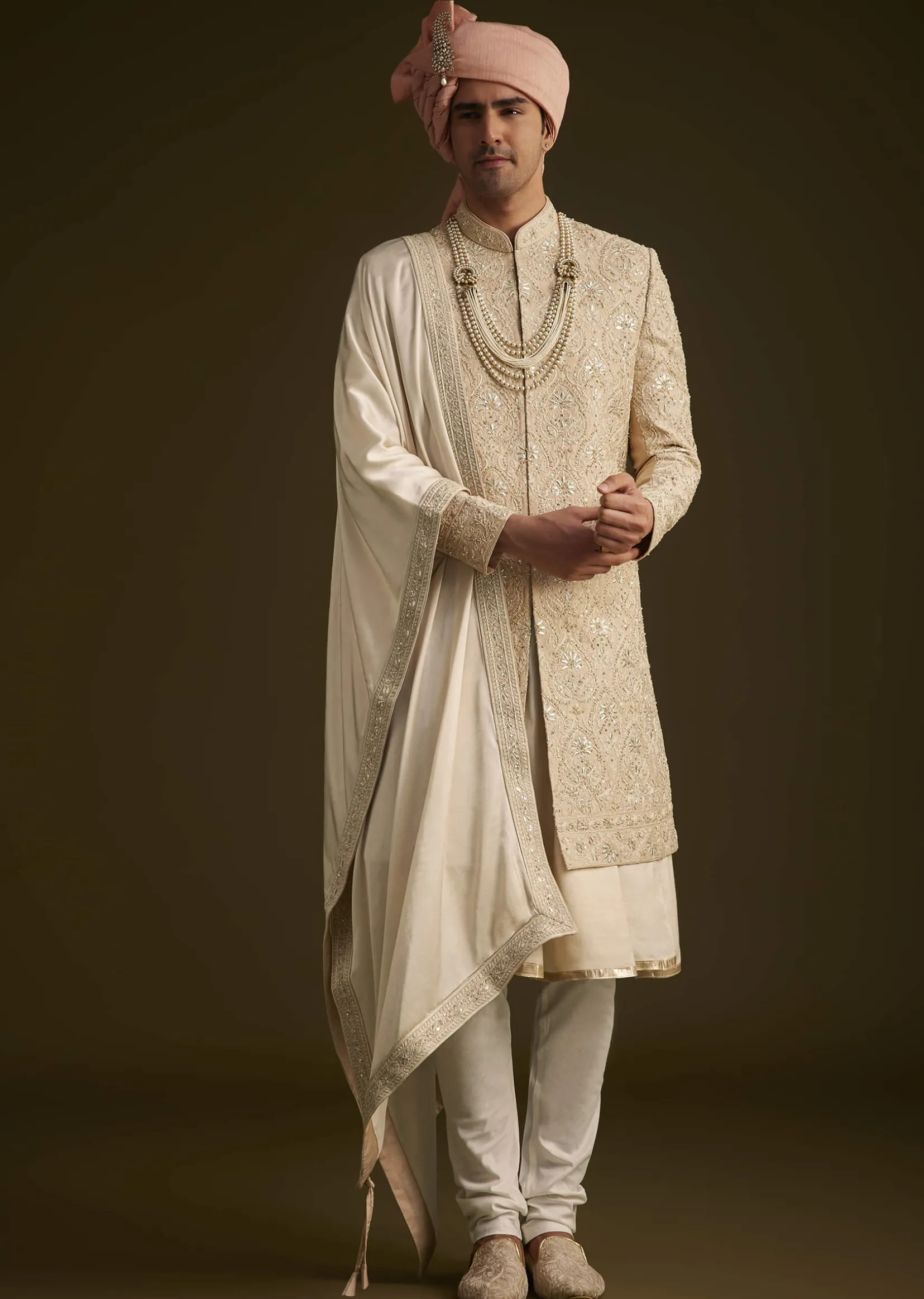 Beige Gotta Work Embroidered Sherwani And Matching Dupatta