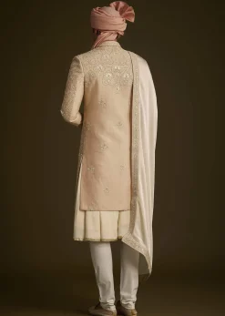 Beige Gotta Work Embroidered Sherwani And Matching Dupatta