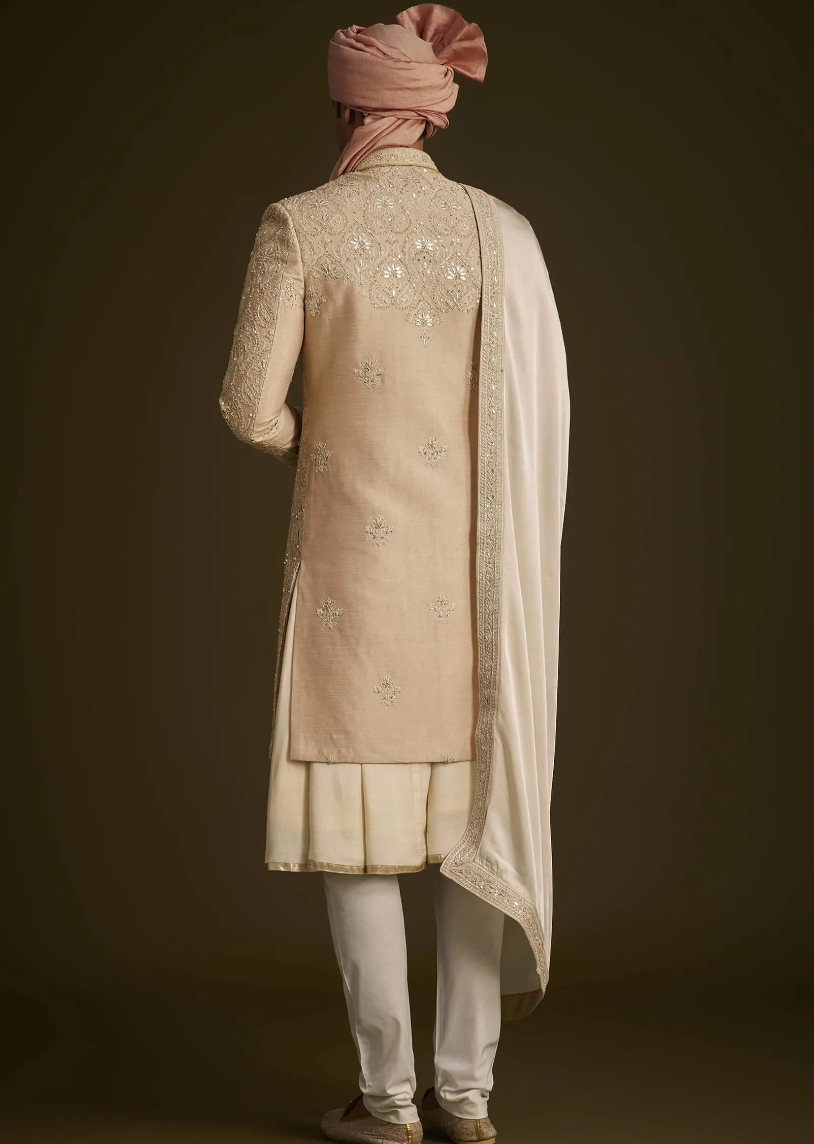 Beige Gotta Work Embroidered Sherwani And Matching Dupatta