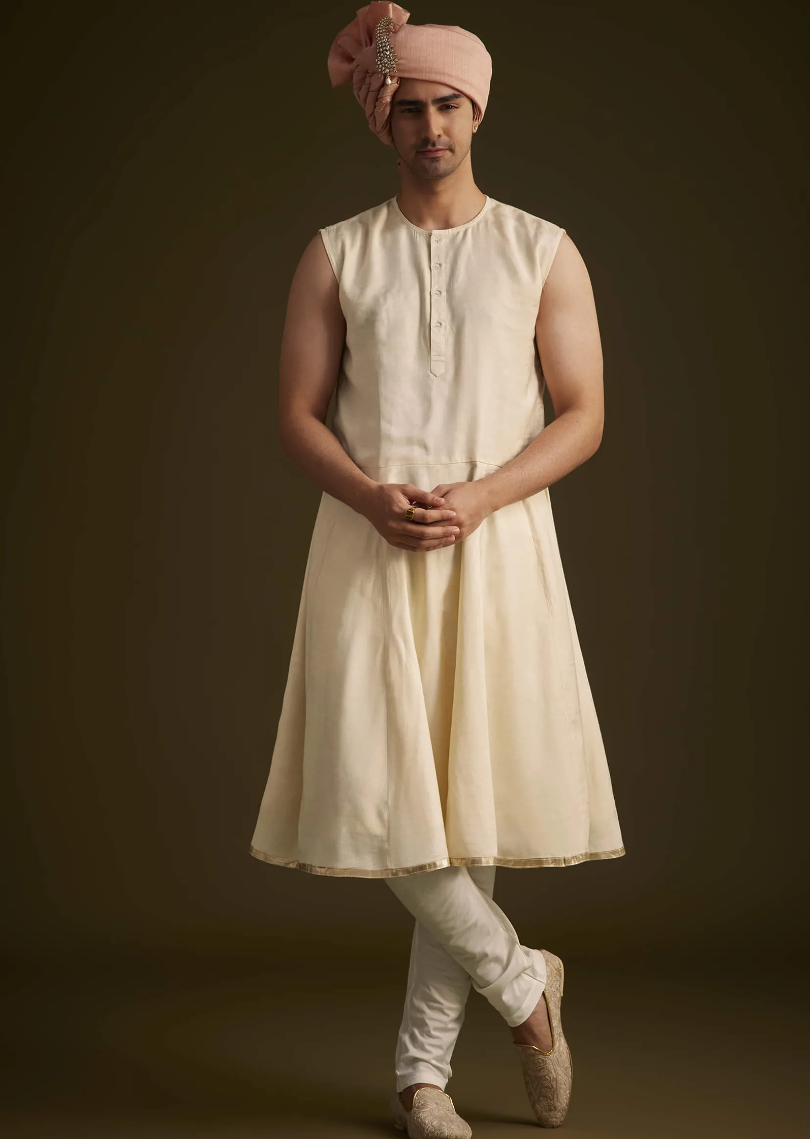 Beige Gotta Work Embroidered Sherwani And Matching Dupatta