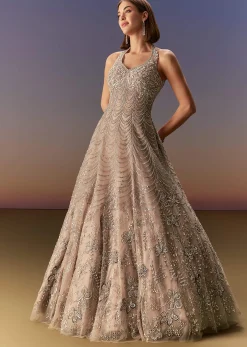 Beige Gown With All Over Sequin Bead And Cut Dana Embroidery
