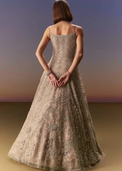 Beige Gown With All Over Sequin Bead And Cut Dana Embroidery