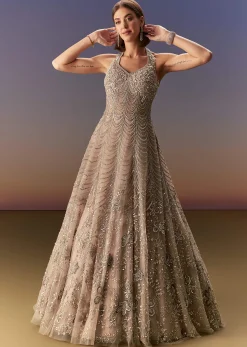 Beige Gown With All Over Sequin Bead And Cut Dana Embroidery