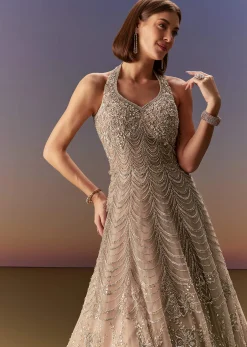 Beige Gown With All Over Sequin Bead And Cut Dana Embroidery