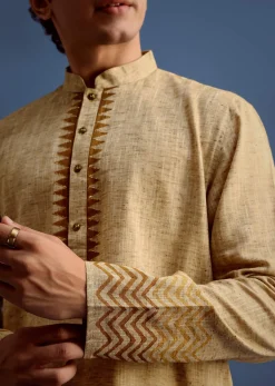Beige Hand Block Printed Kurta Set With Zari Work