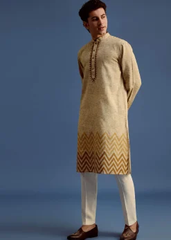Beige Hand Block Printed Kurta Set With Zari Work