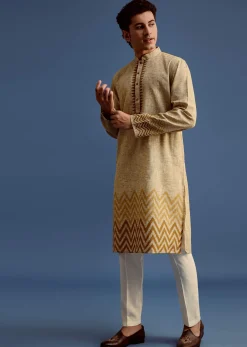 Beige Hand Block Printed Kurta Set With Zari Work