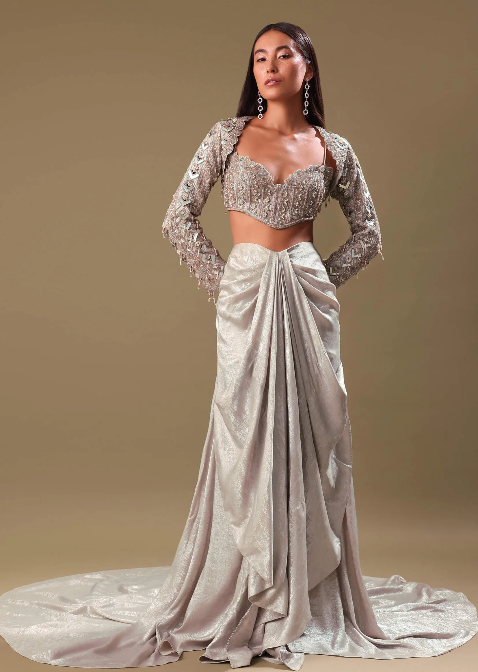 Beige Hand Embroidered Blouse And Drape Skirt With Cape