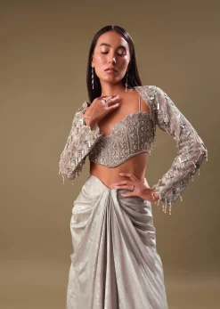 Beige Hand Embroidered Blouse And Drape Skirt With Cape