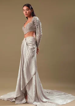 Beige Hand Embroidered Blouse And Drape Skirt With Cape