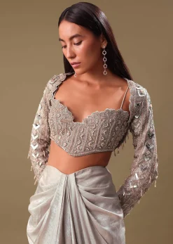 Beige Hand Embroidered Blouse And Drape Skirt With Cape