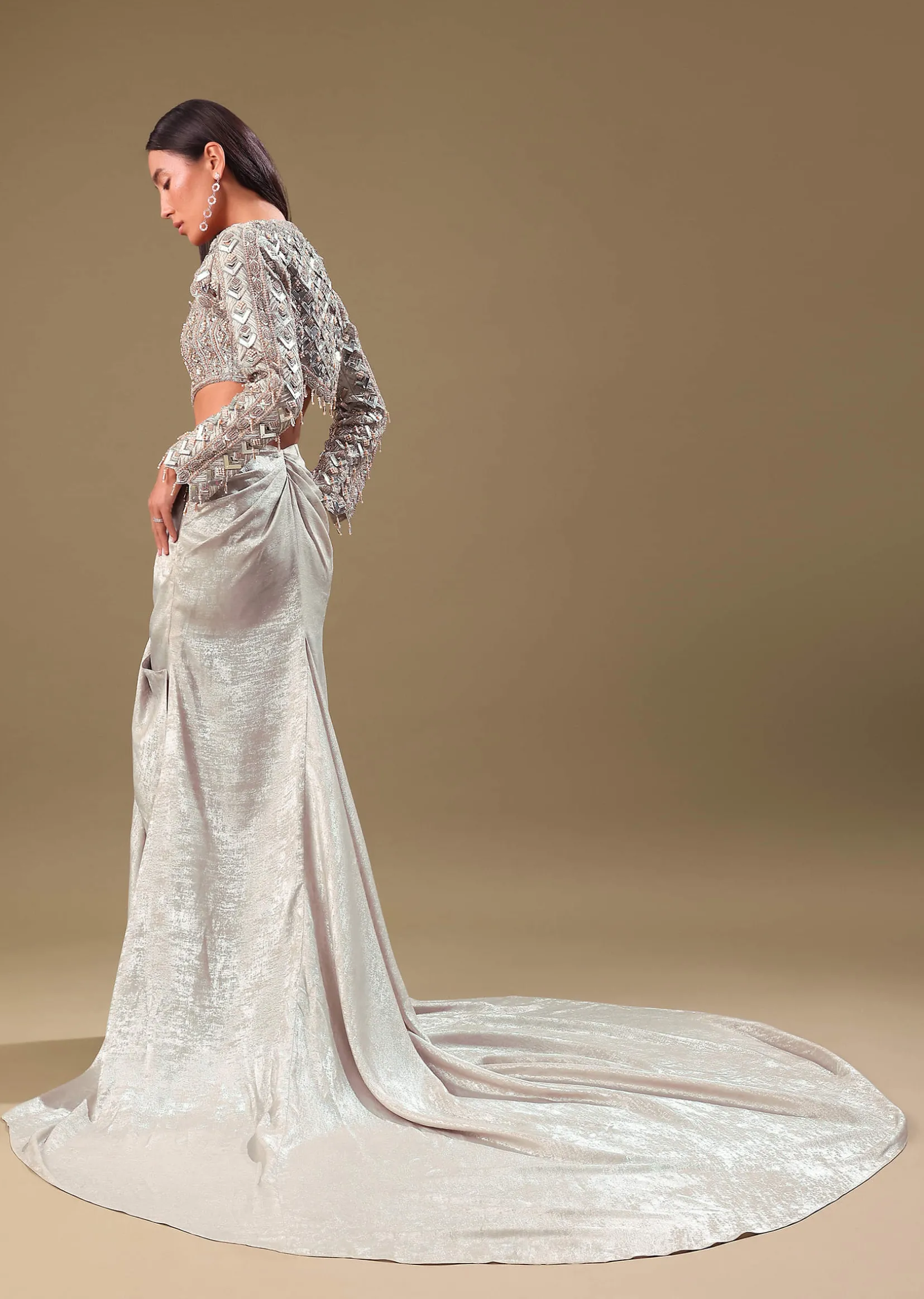 Beige Hand Embroidered Blouse And Drape Skirt With Cape