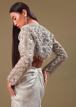 Beige Hand Embroidered Blouse And Drape Skirt With Cape