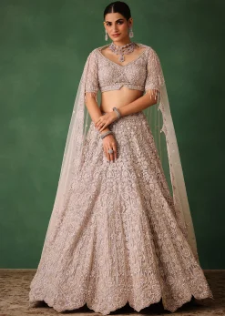 Beige Hand Embroidered Floral Lehenga With Blouse And Dupatta