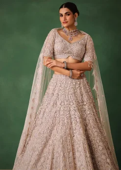 Beige Hand Embroidered Floral Lehenga With Blouse And Dupatta