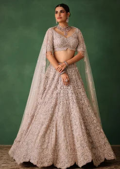 Beige Hand Embroidered Floral Lehenga With Blouse And Dupatta