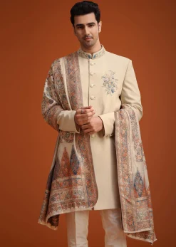 Beige Hand Embroidered Indo Western Set With Dupatta