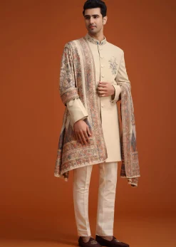 Beige Hand Embroidered Indo Western Set With Dupatta